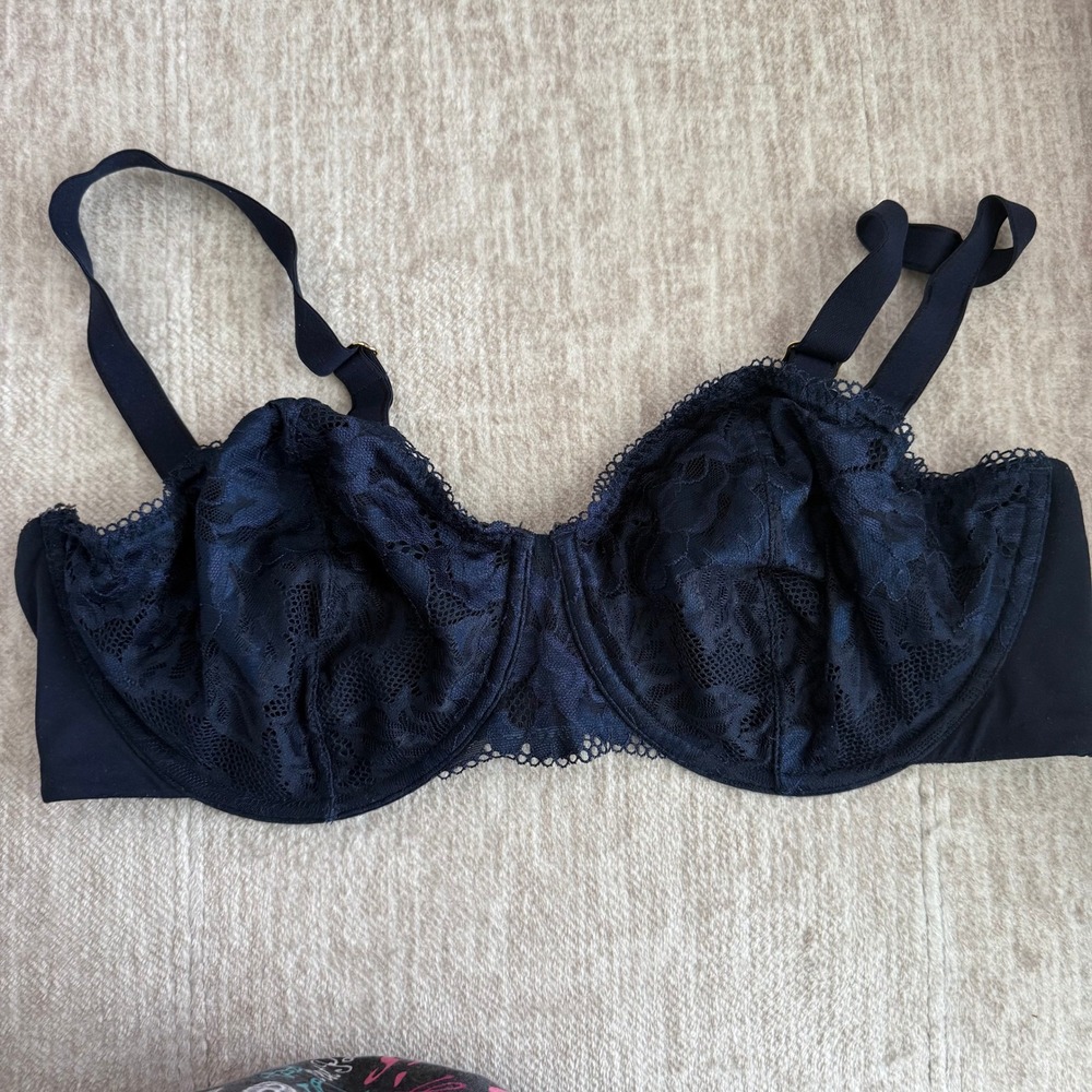 Soma Embraceable Balconette Bra 40D Navy Blue Floral Lace Unlined Underwire